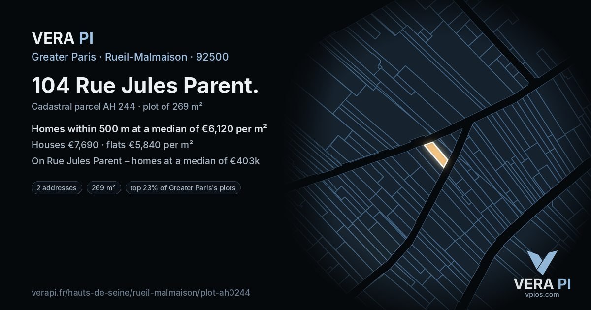 104 Rue Jules Parent, Rueil-Malmaison at night – the plot lit, the parcels around coloured by the prices near them