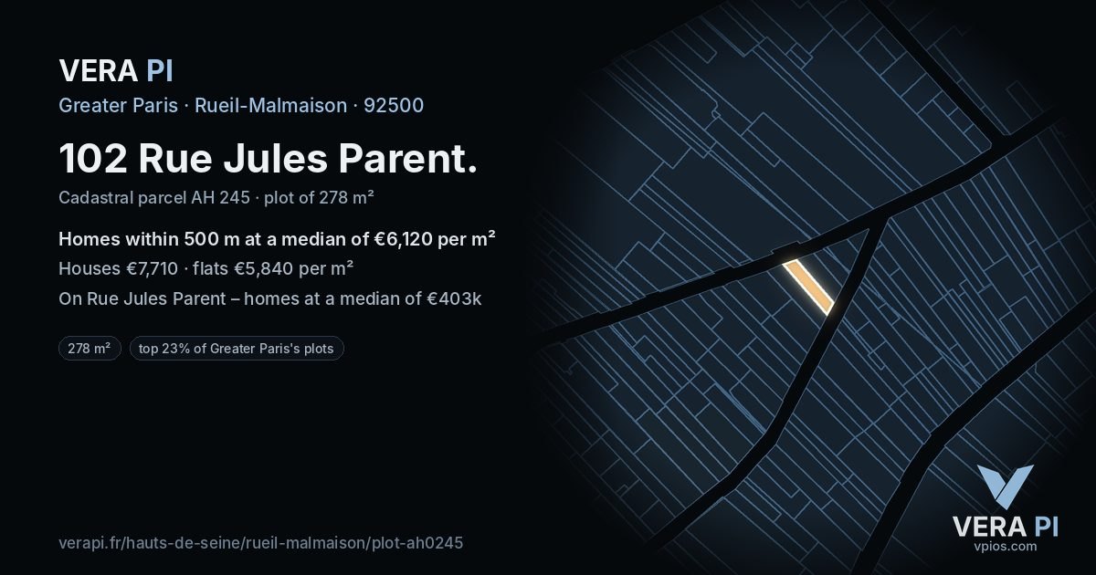 102 Rue Jules Parent, Rueil-Malmaison at night – the plot lit, the parcels around coloured by the prices near them