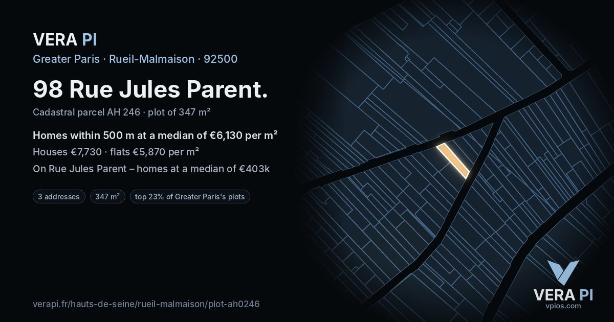 98 Rue Jules Parent, Rueil-Malmaison at night – the plot lit, the parcels around coloured by the prices near them