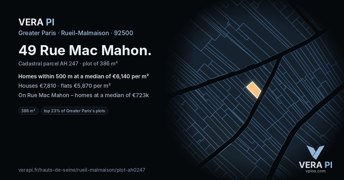 49 Rue Mac Mahon, Rueil-Malmaison at night – the plot lit, the parcels around coloured by the prices near them