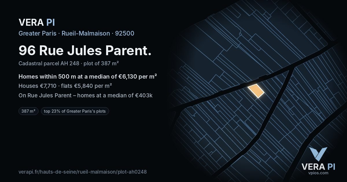 96 Rue Jules Parent, Rueil-Malmaison at night – the plot lit, the parcels around coloured by the prices near them