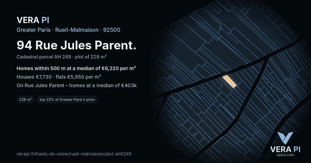 94 Rue Jules Parent, Rueil-Malmaison at night – the plot lit, the parcels around coloured by the prices near them