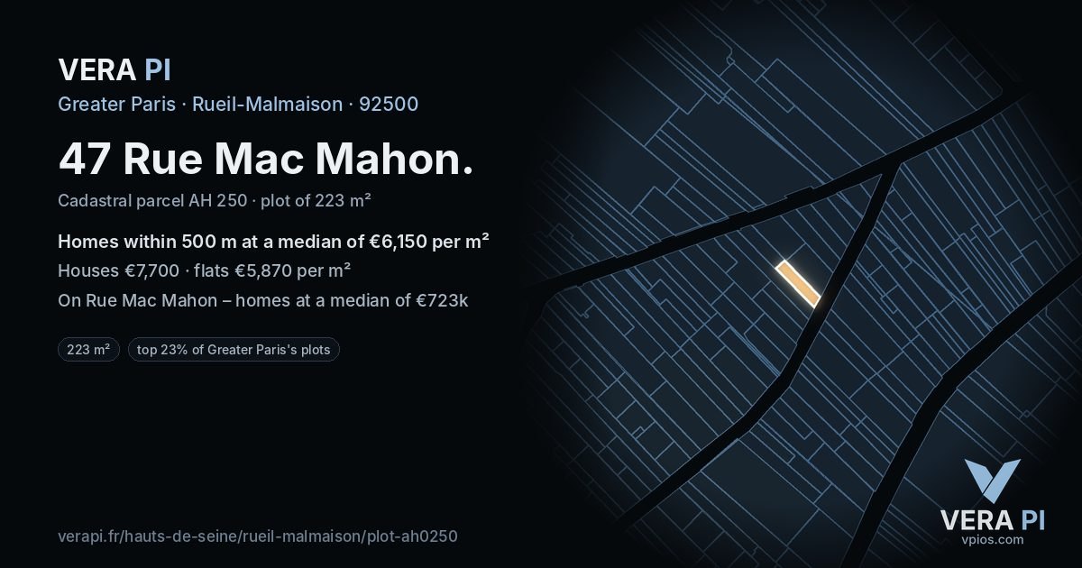 47 Rue Mac Mahon, Rueil-Malmaison at night – the plot lit, the parcels around coloured by the prices near them
