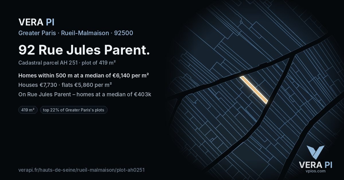 92 Rue Jules Parent, Rueil-Malmaison at night – the plot lit, the parcels around coloured by the prices near them