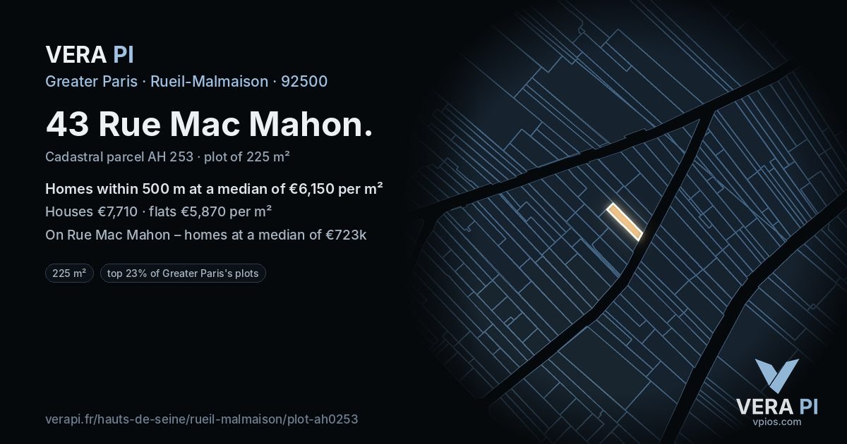 43 Rue Mac Mahon, Rueil-Malmaison at night – the plot lit, the parcels around coloured by the prices near them
