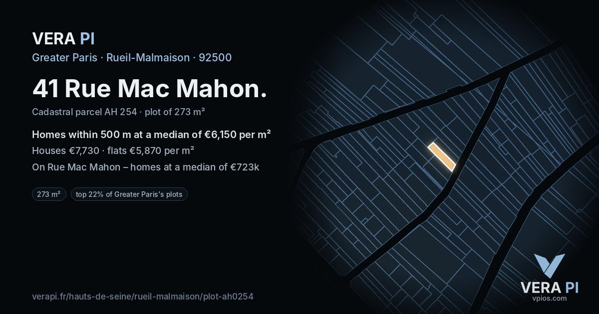 41 Rue Mac Mahon, Rueil-Malmaison at night – the plot lit, the parcels around coloured by the prices near them