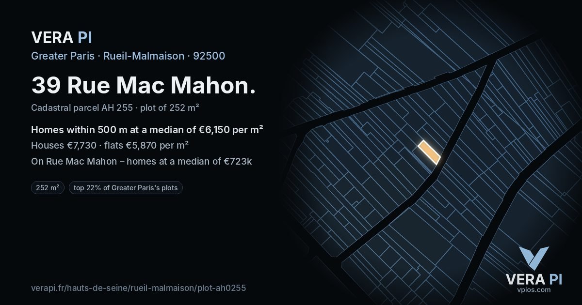 39 Rue Mac Mahon, Rueil-Malmaison at night – the plot lit, the parcels around coloured by the prices near them