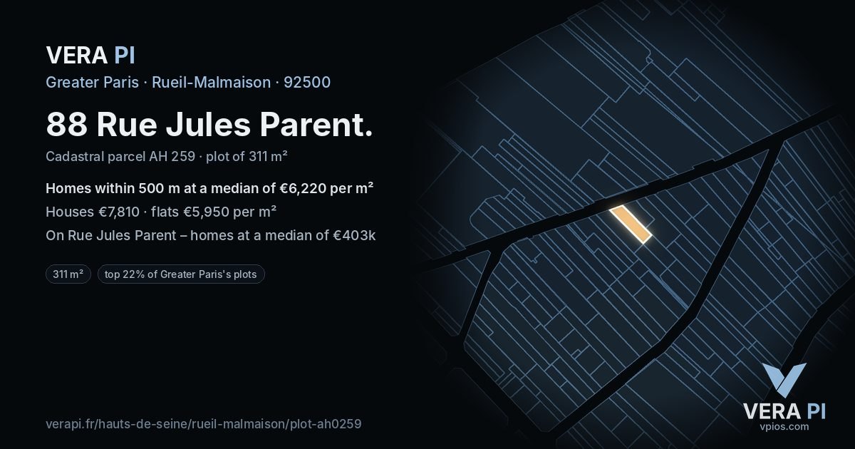 88 Rue Jules Parent, Rueil-Malmaison at night – the plot lit, the parcels around coloured by the prices near them