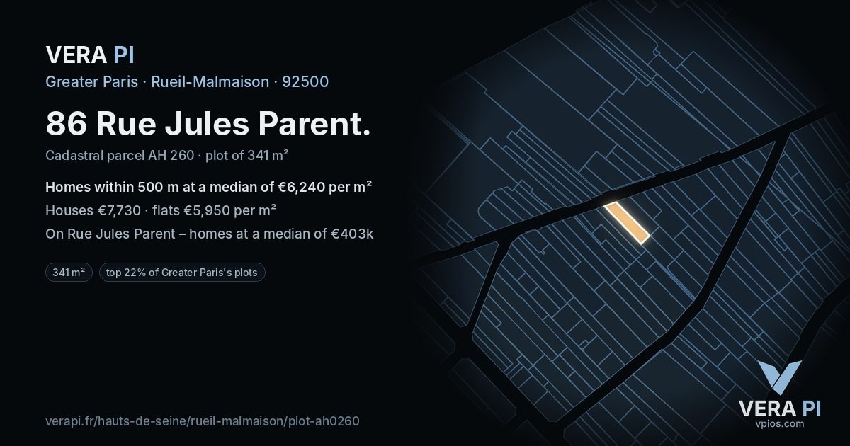 86 Rue Jules Parent, Rueil-Malmaison at night – the plot lit, the parcels around coloured by the prices near them