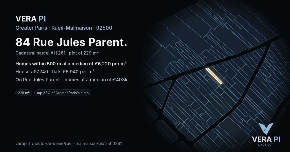 84 Rue Jules Parent, Rueil-Malmaison at night – the plot lit, the parcels around coloured by the prices near them