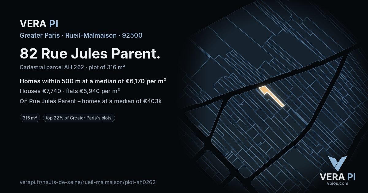 82 Rue Jules Parent, Rueil-Malmaison at night – the plot lit, the parcels around coloured by the prices near them