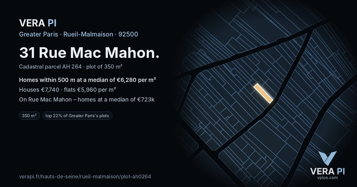 31 Rue Mac Mahon, Rueil-Malmaison at night – the plot lit, the parcels around coloured by the prices near them