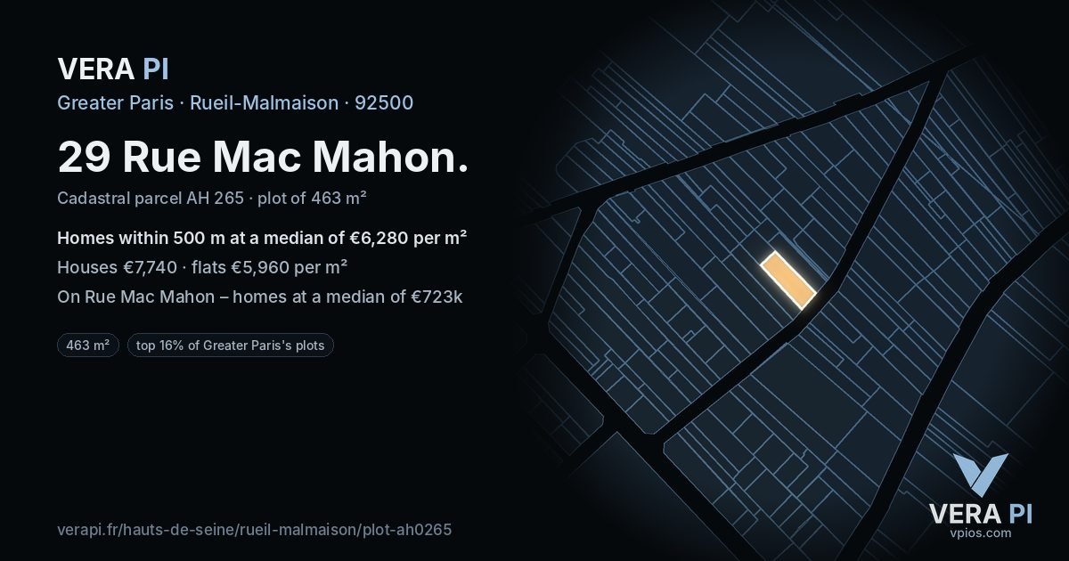 29 Rue Mac Mahon, Rueil-Malmaison at night – the plot lit, the parcels around coloured by the prices near them