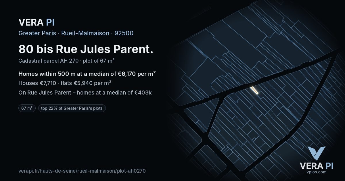 80 bis Rue Jules Parent, Rueil-Malmaison at night – the plot lit, the parcels around coloured by the prices near them