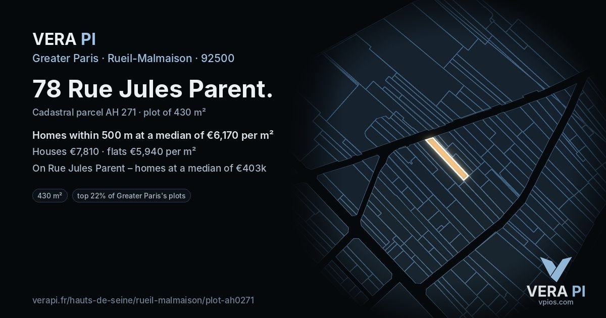 78 Rue Jules Parent, Rueil-Malmaison at night – the plot lit, the parcels around coloured by the prices near them