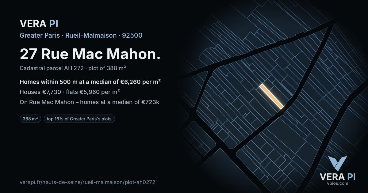 27 Rue Mac Mahon, Rueil-Malmaison at night – the plot lit, the parcels around coloured by the prices near them