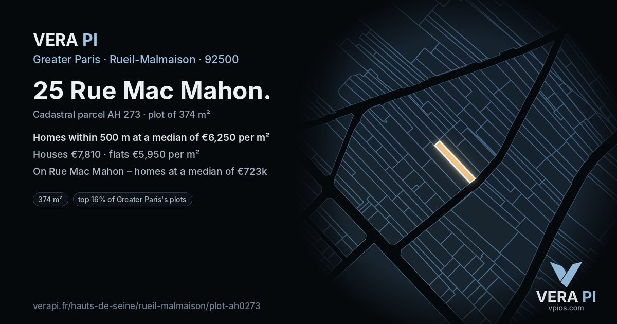 25 Rue Mac Mahon, Rueil-Malmaison at night – the plot lit, the parcels around coloured by the prices near them