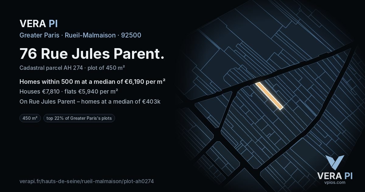 76 Rue Jules Parent, Rueil-Malmaison at night – the plot lit, the parcels around coloured by the prices near them