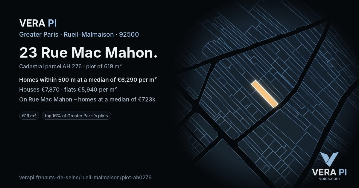 23 Rue Mac Mahon, Rueil-Malmaison at night – the plot lit, the parcels around coloured by the prices near them