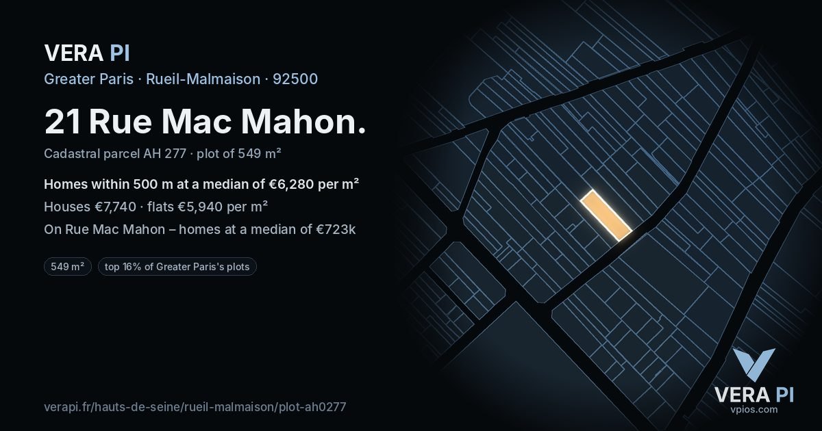 21 Rue Mac Mahon, Rueil-Malmaison at night – the plot lit, the parcels around coloured by the prices near them