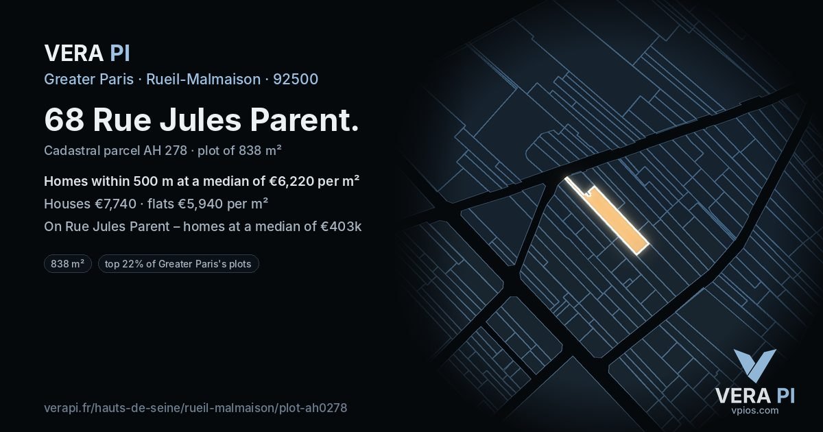 68 Rue Jules Parent, Rueil-Malmaison at night – the plot lit, the parcels around coloured by the prices near them