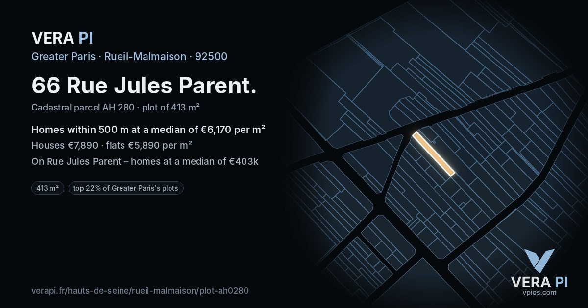 66 Rue Jules Parent, Rueil-Malmaison at night – the plot lit, the parcels around coloured by the prices near them