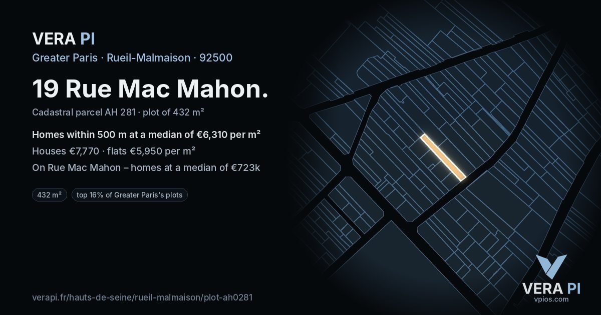 19 Rue Mac Mahon, Rueil-Malmaison at night – the plot lit, the parcels around coloured by the prices near them