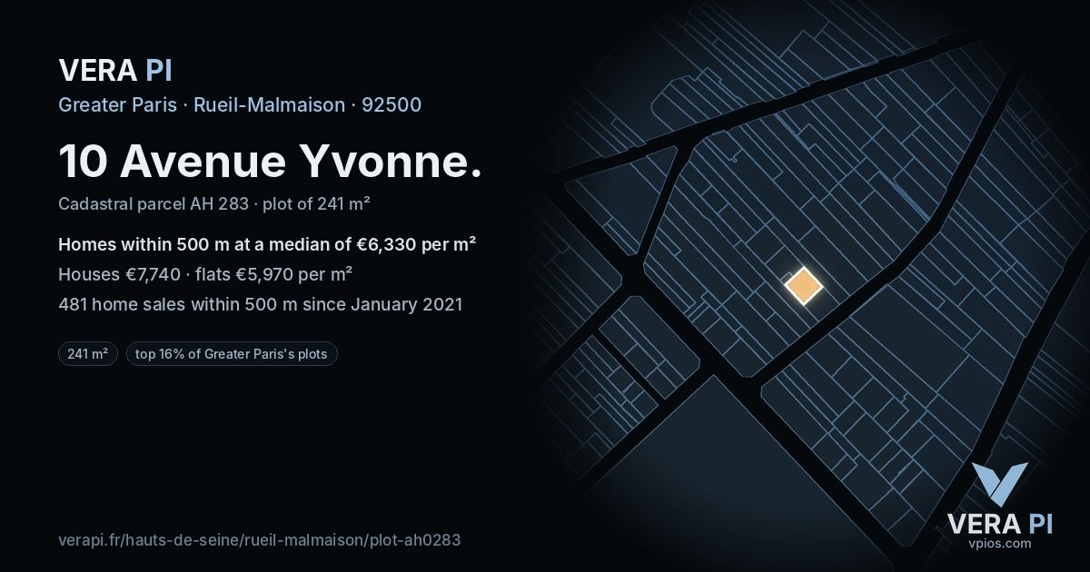 10 Avenue Yvonne, Rueil-Malmaison at night – the plot lit, the parcels around coloured by the prices near them