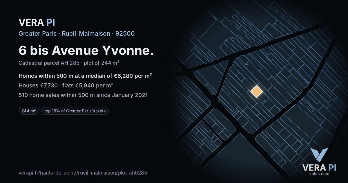 6 bis Avenue Yvonne, Rueil-Malmaison at night – the plot lit, the parcels around coloured by the prices near them