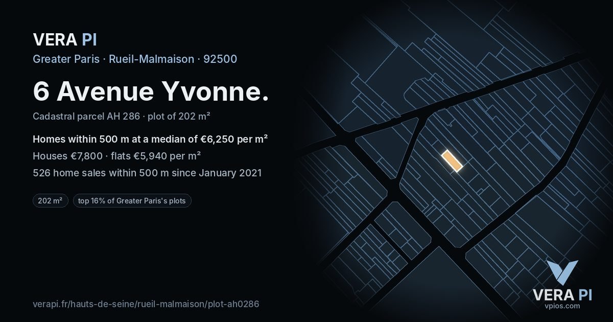 6 Avenue Yvonne, Rueil-Malmaison at night – the plot lit, the parcels around coloured by the prices near them