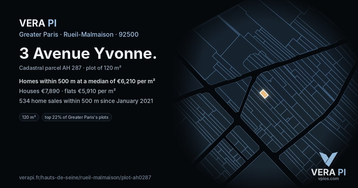 3 Avenue Yvonne, Rueil-Malmaison at night – the plot lit, the parcels around coloured by the prices near them