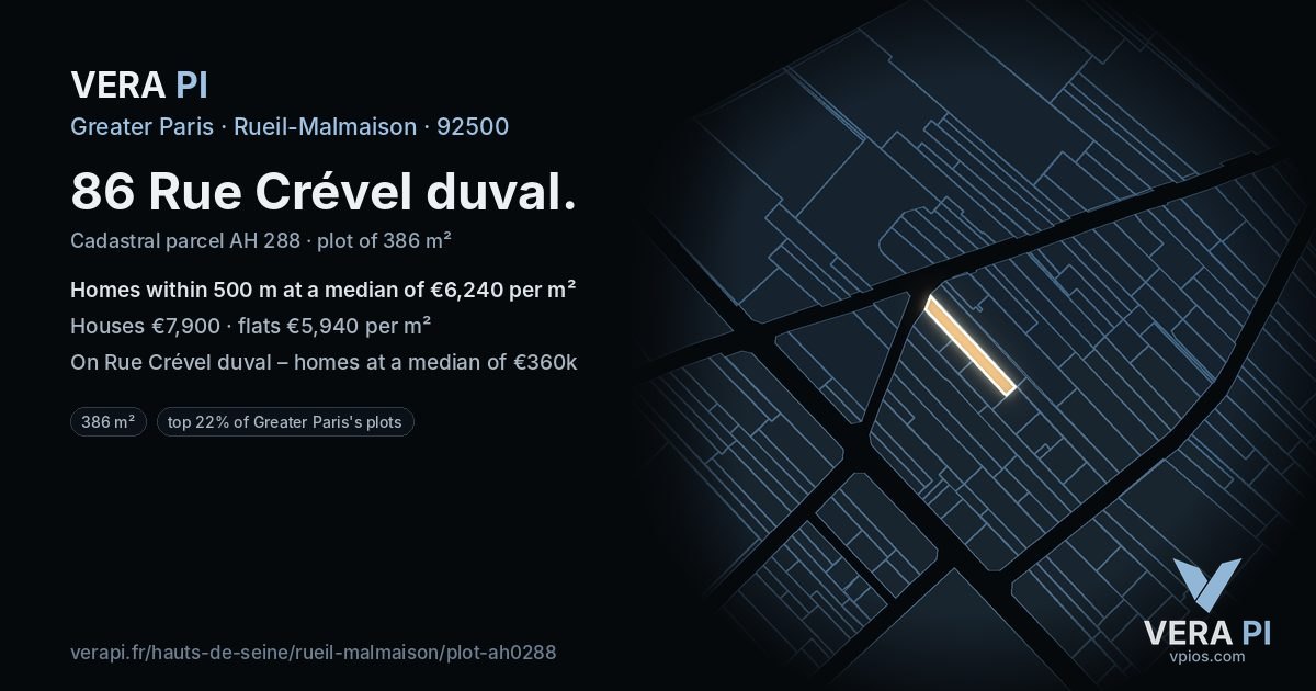 86 Rue Crével duval, Rueil-Malmaison at night – the plot lit, the parcels around coloured by the prices near them