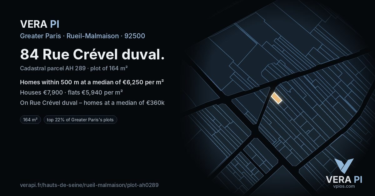 84 Rue Crével duval, Rueil-Malmaison at night – the plot lit, the parcels around coloured by the prices near them