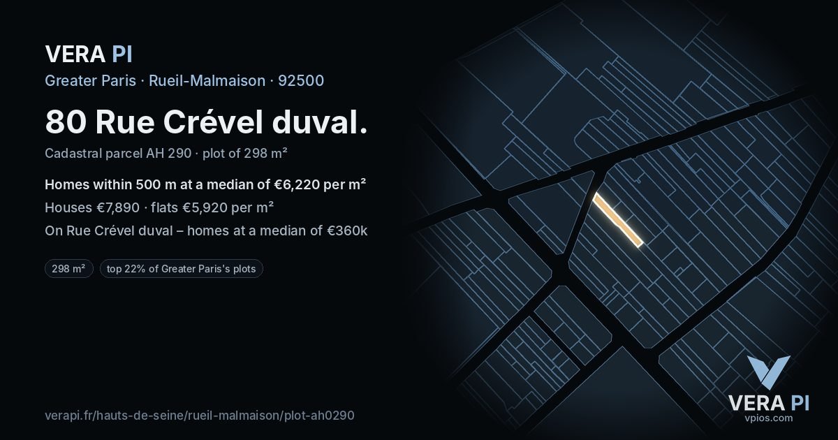 80 Rue Crével duval, Rueil-Malmaison at night – the plot lit, the parcels around coloured by the prices near them