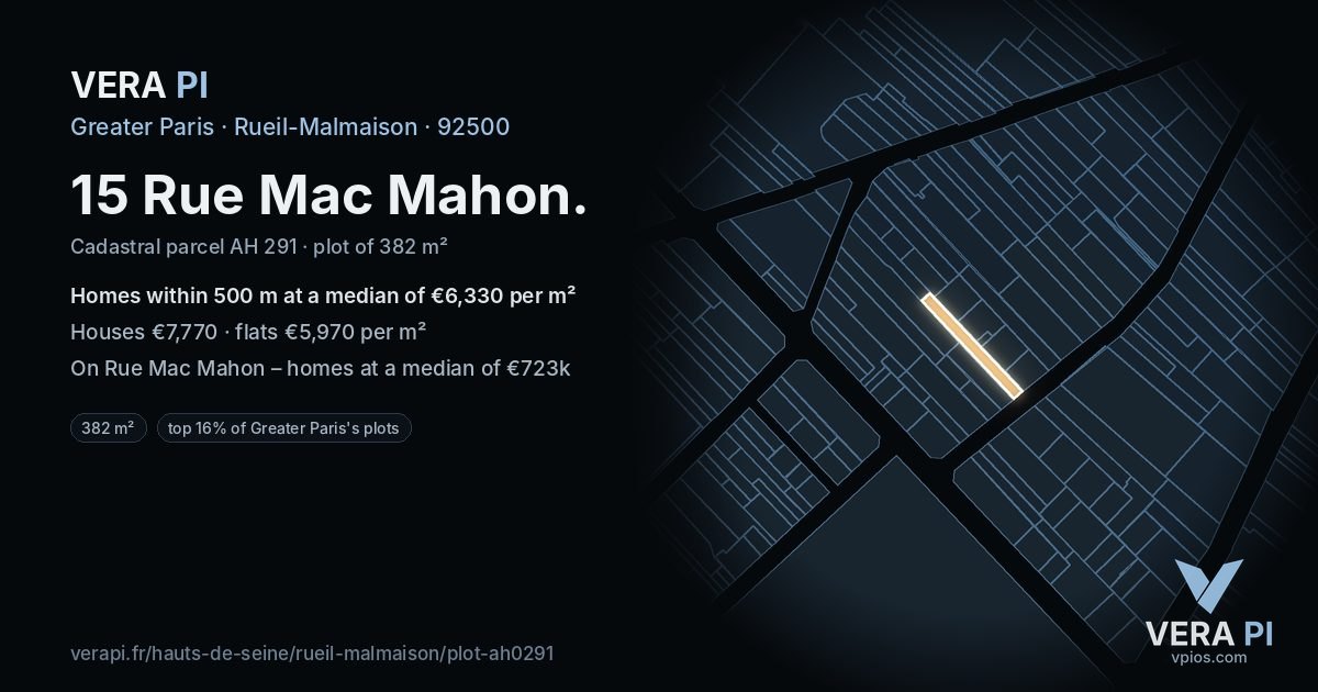 15 Rue Mac Mahon, Rueil-Malmaison at night – the plot lit, the parcels around coloured by the prices near them