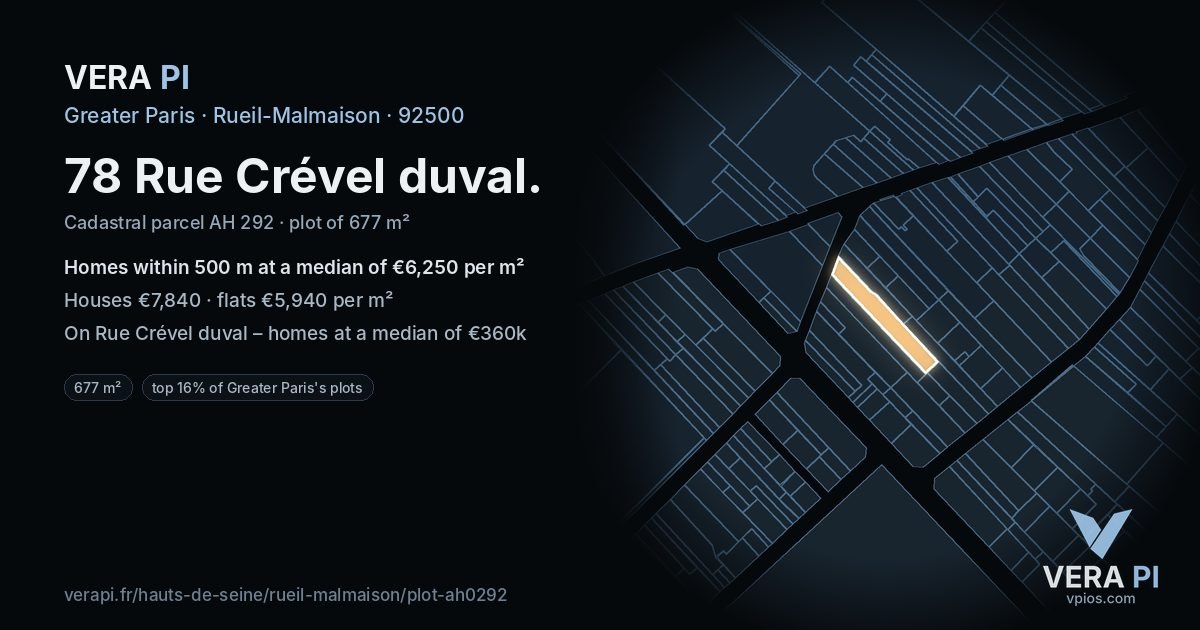 78 Rue Crével duval, Rueil-Malmaison at night – the plot lit, the parcels around coloured by the prices near them