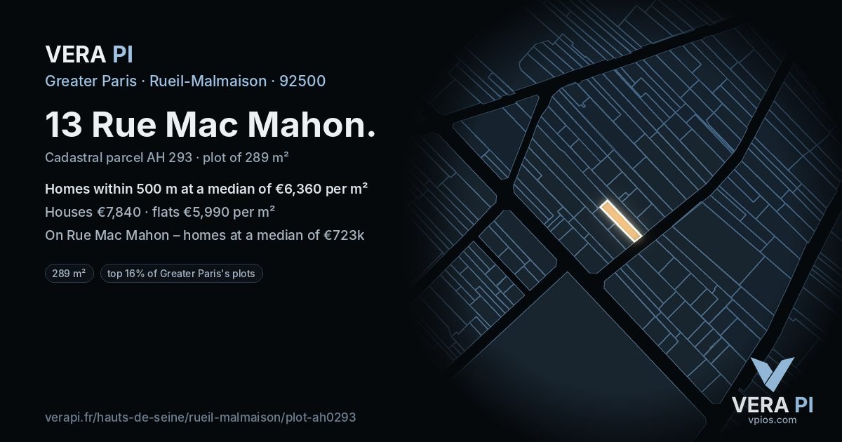 13 Rue Mac Mahon, Rueil-Malmaison at night – the plot lit, the parcels around coloured by the prices near them
