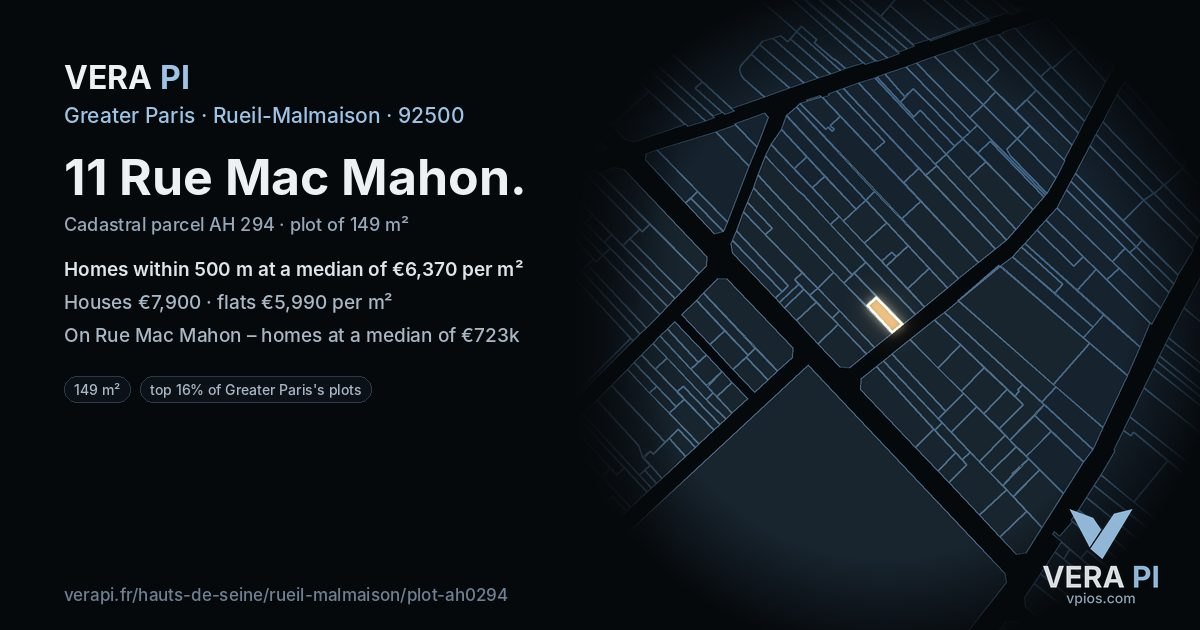 11 Rue Mac Mahon, Rueil-Malmaison at night – the plot lit, the parcels around coloured by the prices near them