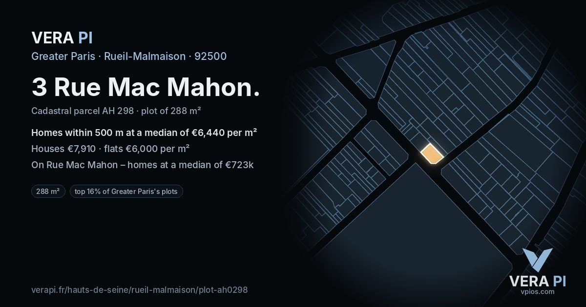 3 Rue Mac Mahon, Rueil-Malmaison at night – the plot lit, the parcels around coloured by the prices near them