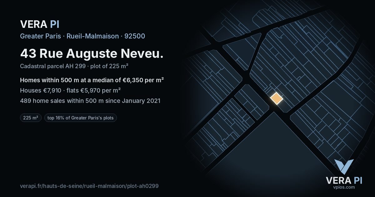 43 Rue Auguste Neveu, Rueil-Malmaison at night – the plot lit, the parcels around coloured by the prices near them