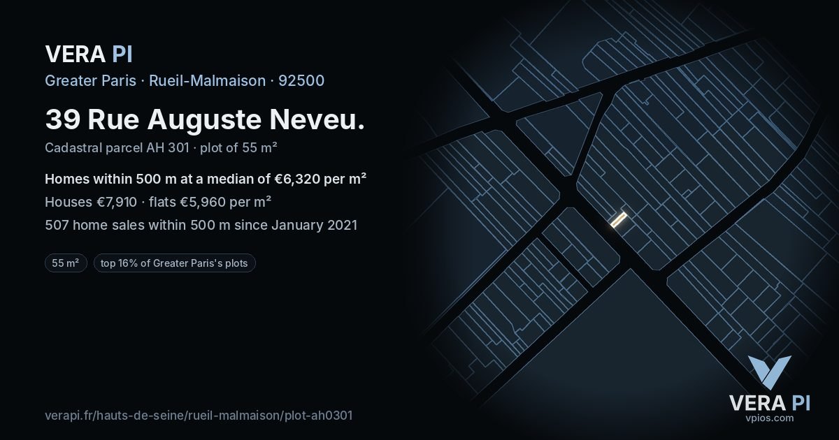 39 Rue Auguste Neveu, Rueil-Malmaison at night – the plot lit, the parcels around coloured by the prices near them