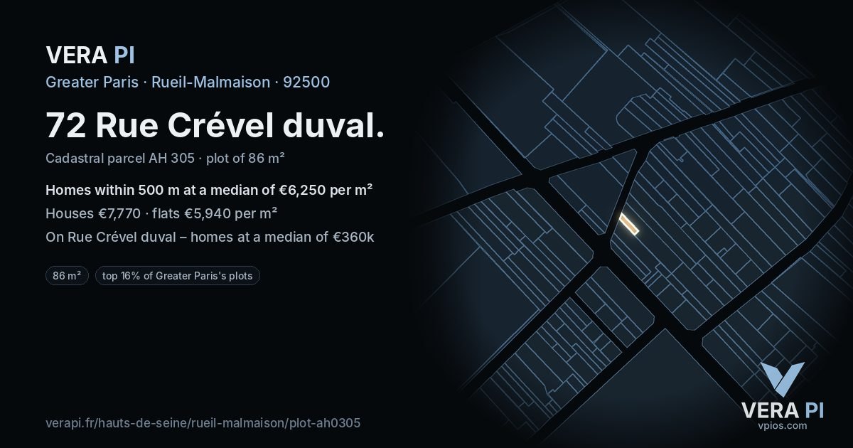 72 Rue Crével duval, Rueil-Malmaison at night – the plot lit, the parcels around coloured by the prices near them