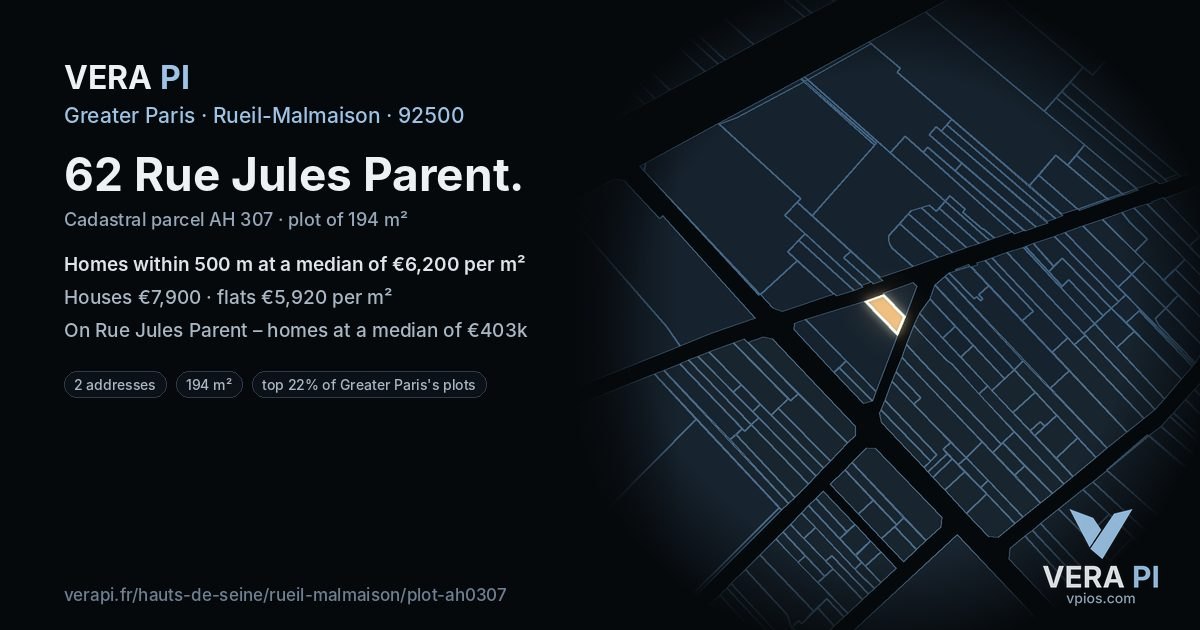 62 Rue Jules Parent, Rueil-Malmaison at night – the plot lit, the parcels around coloured by the prices near them