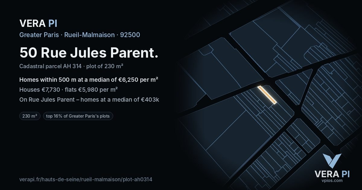 50 Rue Jules Parent, Rueil-Malmaison at night – the plot lit, the parcels around coloured by the prices near them
