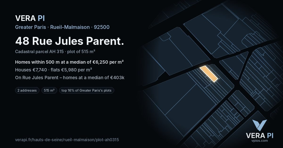 48 Rue Jules Parent, Rueil-Malmaison at night – the plot lit, the parcels around coloured by the prices near them