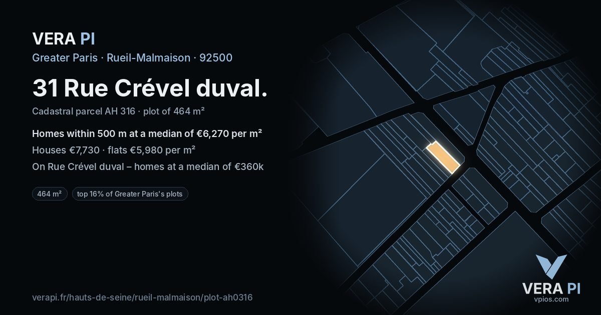 31 Rue Crével duval, Rueil-Malmaison at night – the plot lit, the parcels around coloured by the prices near them