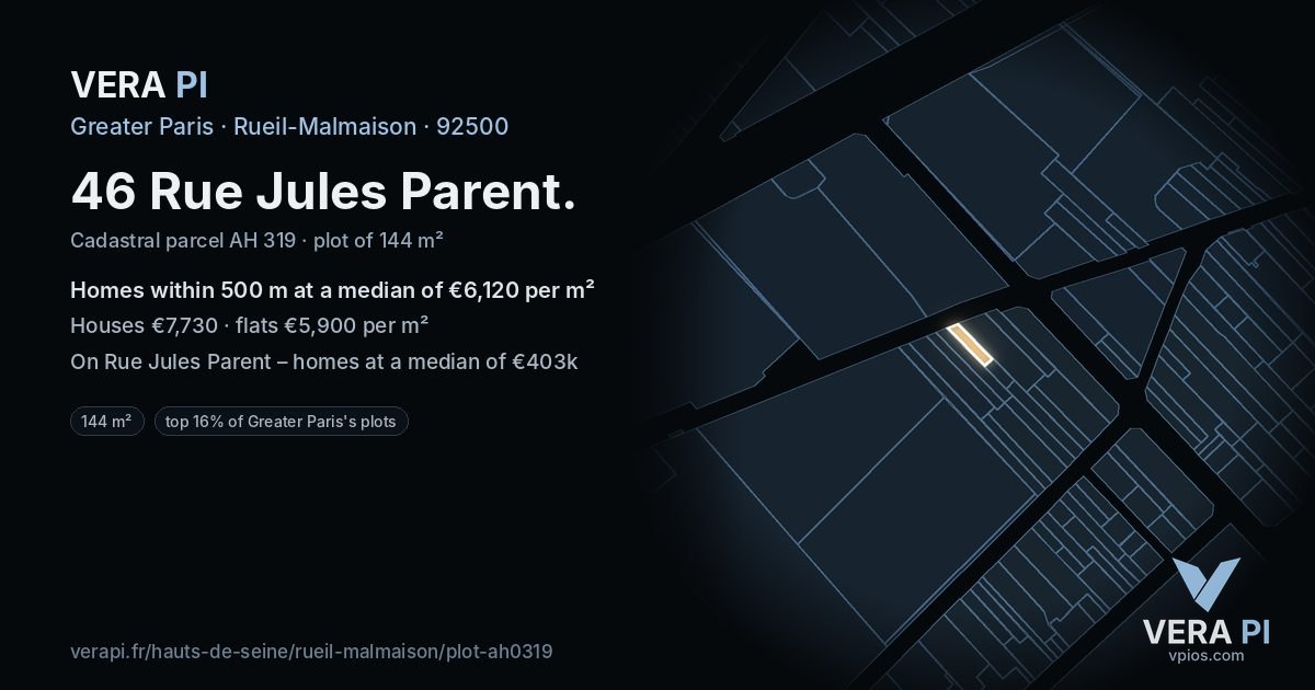 46 Rue Jules Parent, Rueil-Malmaison at night – the plot lit, the parcels around coloured by the prices near them
