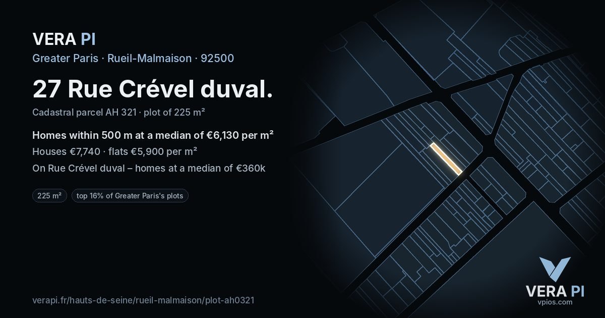 27 Rue Crével duval, Rueil-Malmaison at night – the plot lit, the parcels around coloured by the prices near them