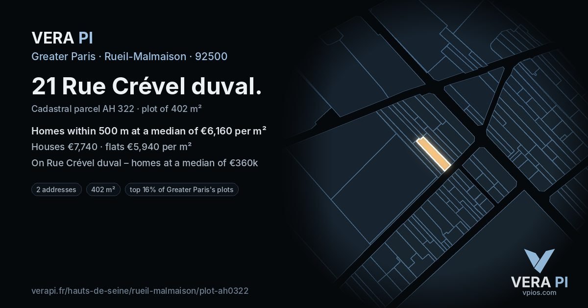 21 Rue Crével duval, Rueil-Malmaison at night – the plot lit, the parcels around coloured by the prices near them