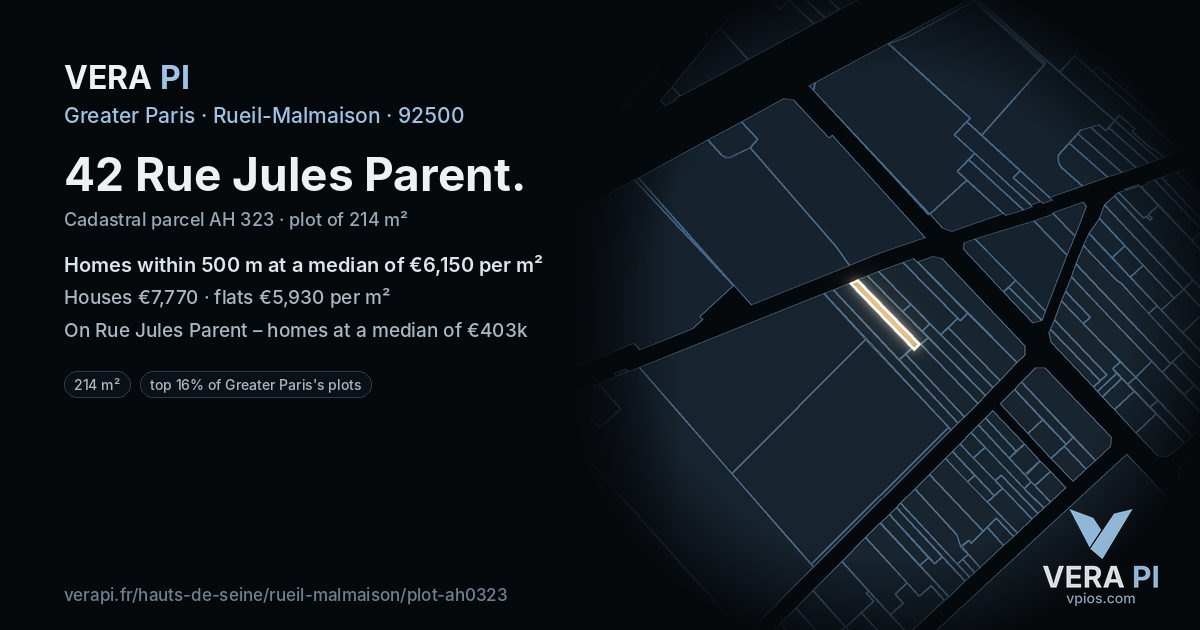 42 Rue Jules Parent, Rueil-Malmaison at night – the plot lit, the parcels around coloured by the prices near them